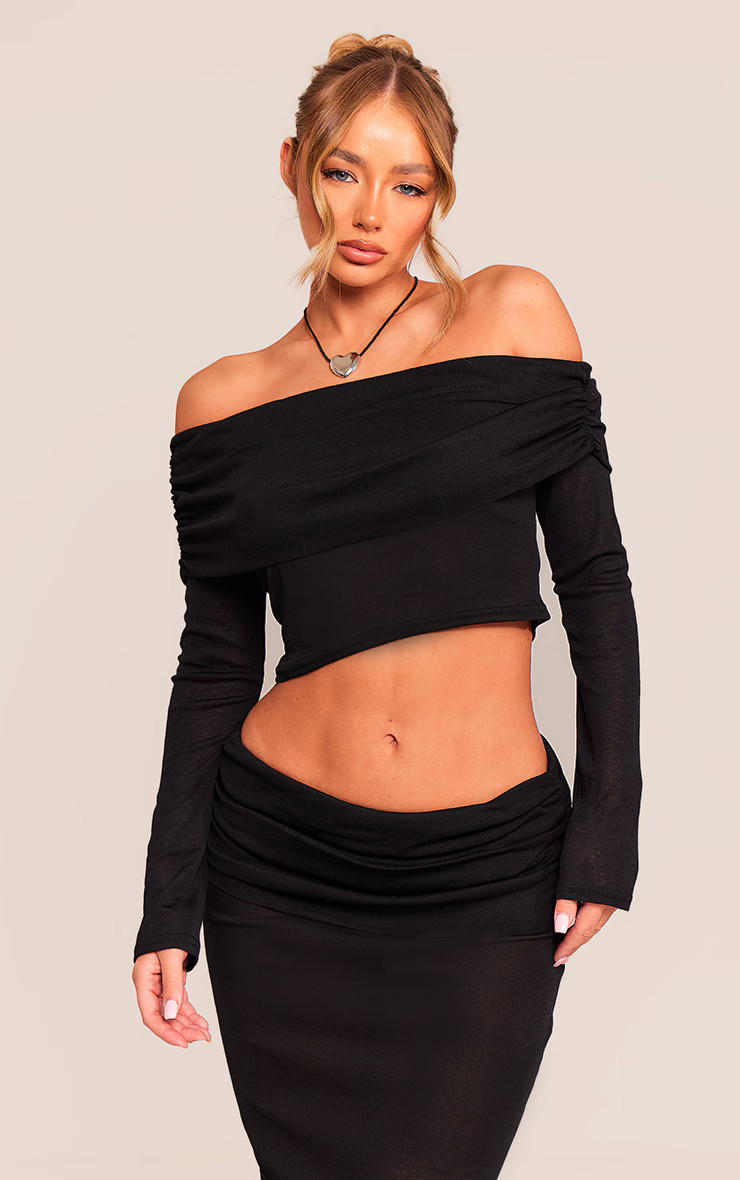 Black Burnout Fold Over Hem Long Sleeve Bardot Top | Co-ords | PrettyLittleThing US