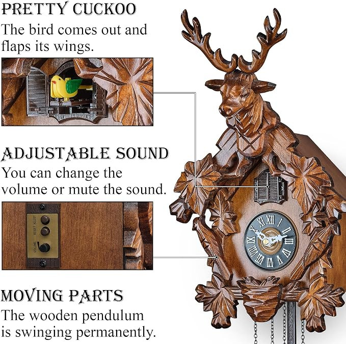 TIMEGEAR Cuckoo Clock with Automatic Night Mode, Quartz Movement and Carved Deer Head (Brown) | Amazon (US)