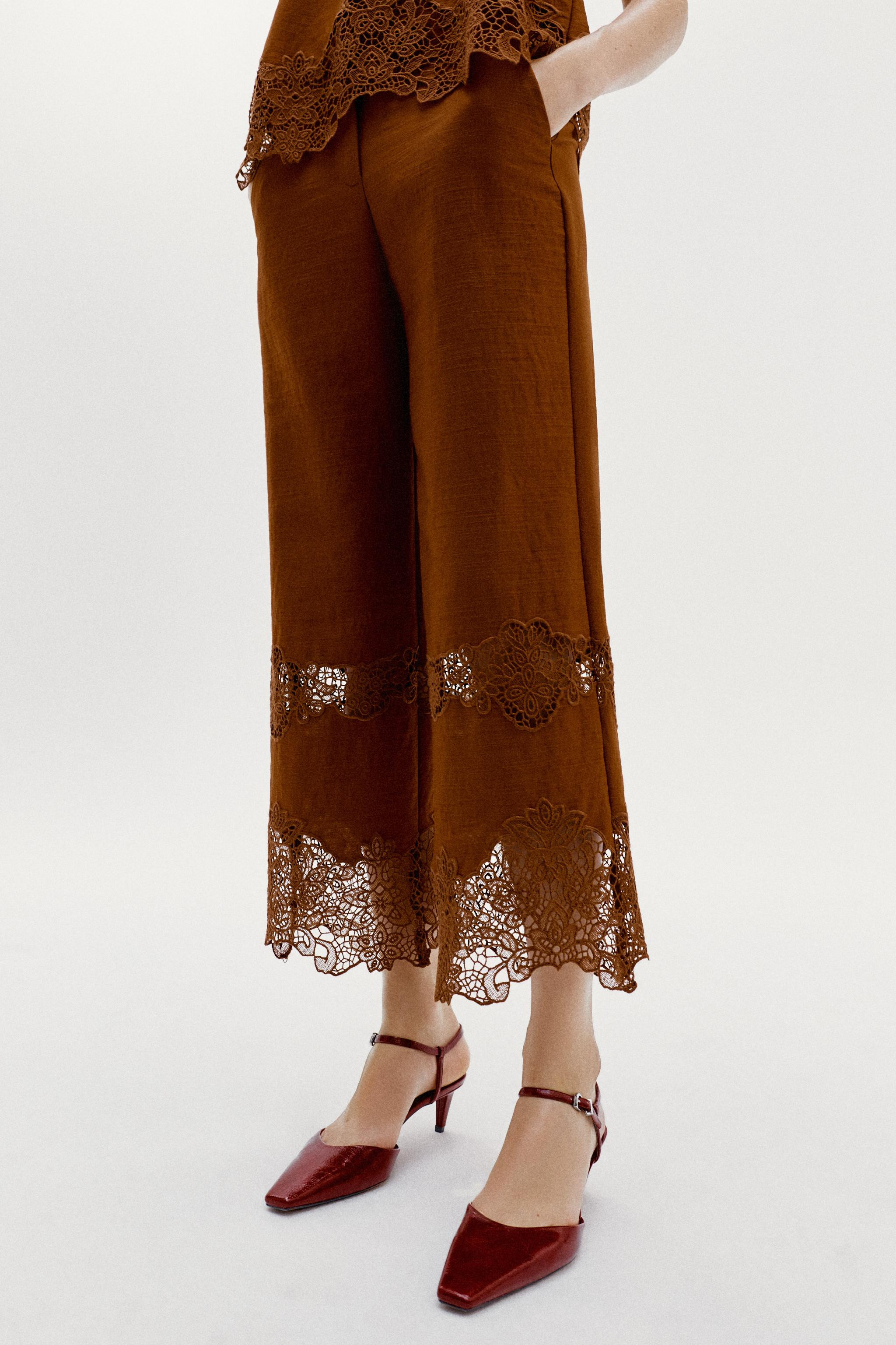 EYELET EMBROIDERED WIDE-LEG TROUSERS | Zara US