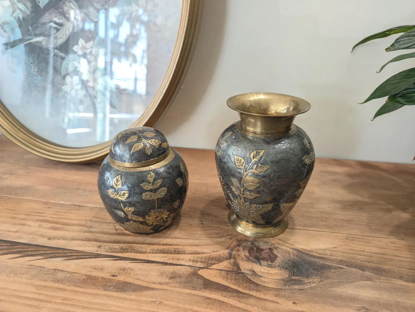 Vintage Brass Ginger Jar Vase Gray Enamel Floral Trinket Box Etched Metal Urn Chinoiserie Style G... | Etsy (US)