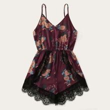 Plus Floral Print Contrast Lace Trim Cami Romper | SHEIN