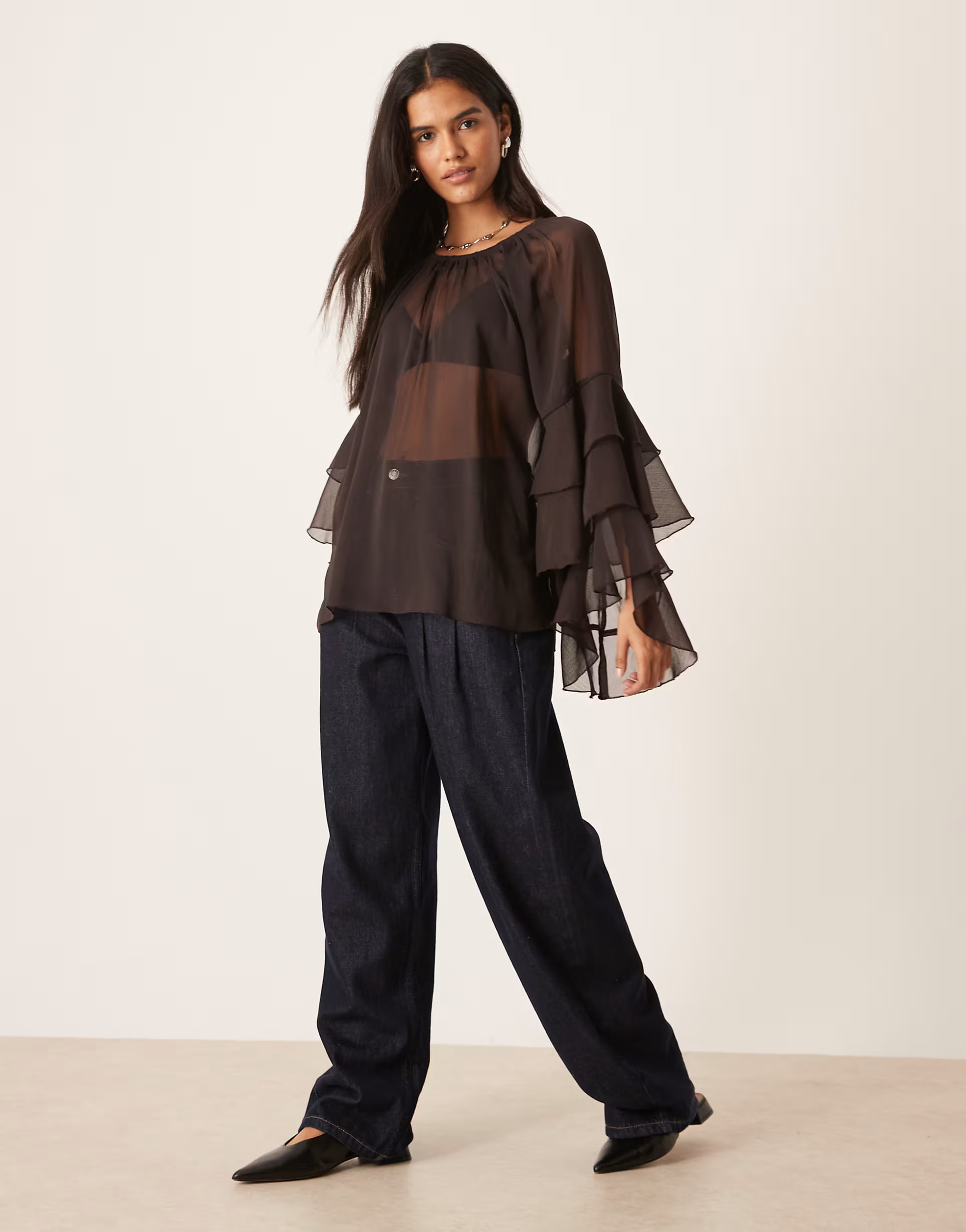 Glamorous boho ruffle sheer blouse with fluter sleeves in brown | ASOS | ASOS (Global)