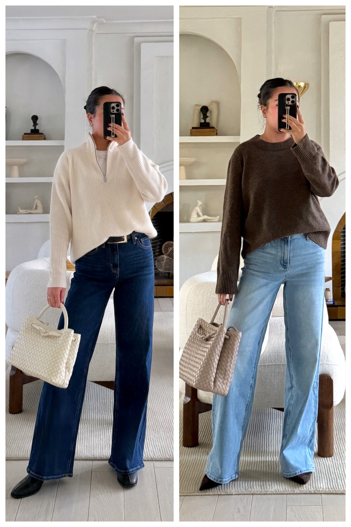 The @onequince x @erinwalsh capsule - love these pieces especially these jeans. Restyling the jeans with a cashmere quarter zip and again with a classic cashmere crewneck. So cozy and versatile. And the jeans are midsection and petite-friendly! 

For size reference, I’m 5 ft 115 pounds and wearing a size Small in the quarter zip sweater and crewneck and an 26x30 in the jeans (color Midnight Blue on the left and Frosted Blue on the right).

#quincepartner

#LTKPetite #LTKOver40 #LTKootd