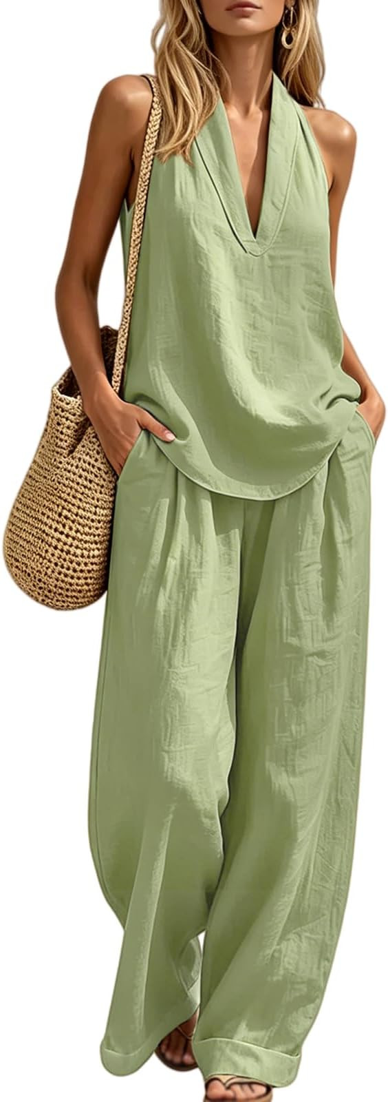 JSLOOO Linen Sets for Womens 2 Piece Outfits Trendy Sleeveless V Neck Halter Tops Wide Leg Pants ... | Amazon (US)