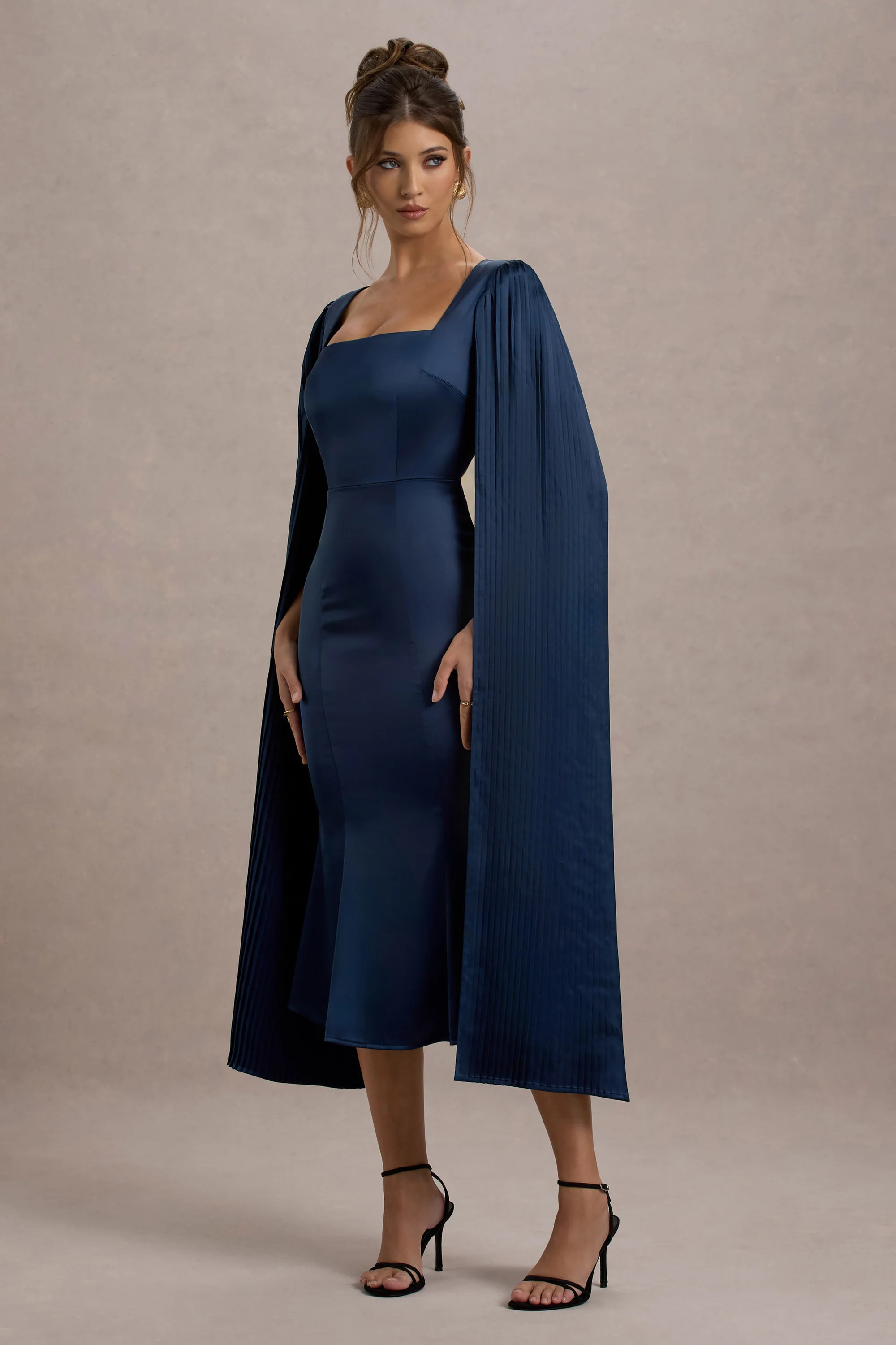 Nalda | Navy Square-Neck Midi Dress With Cape Sleeves | Club L London