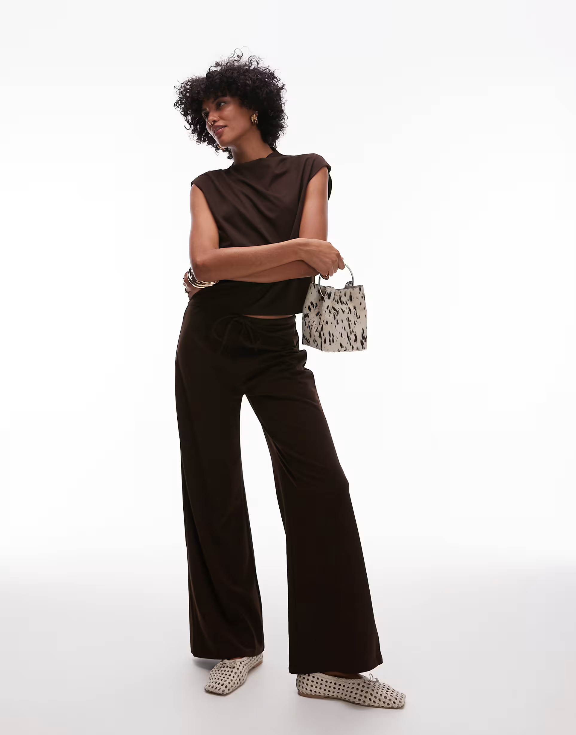 Mango tie waist wide leg polyamide trouser co-ord in chocolate | ASOS (Global)