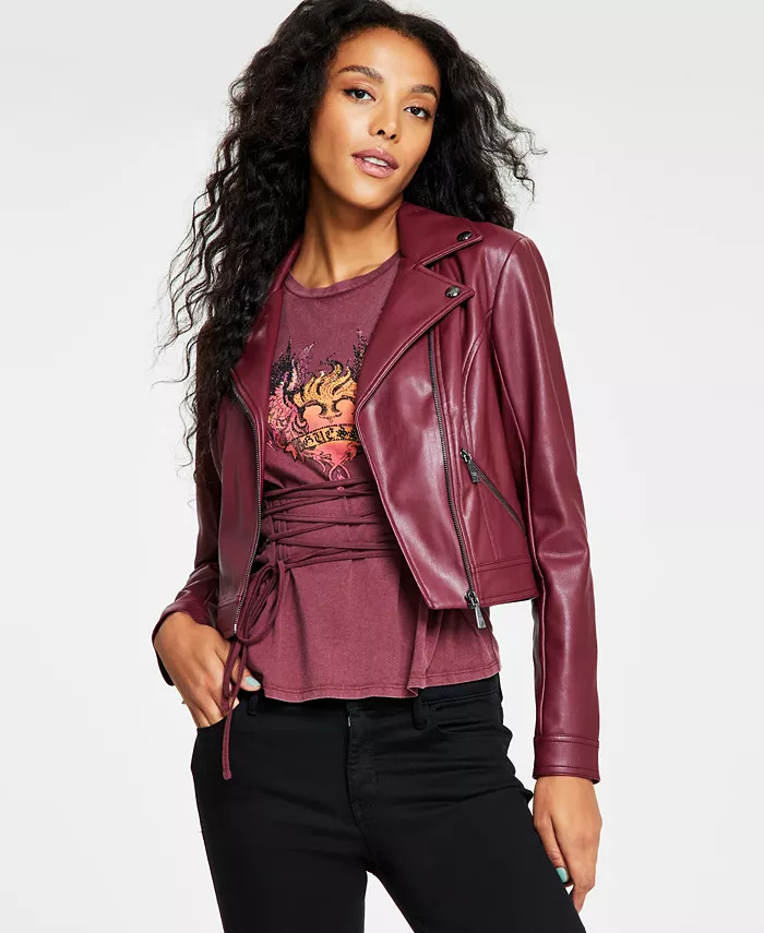 Women's Venom Cropped Moto Long-Sleeve Zipper Jacket Pleather | Macy's