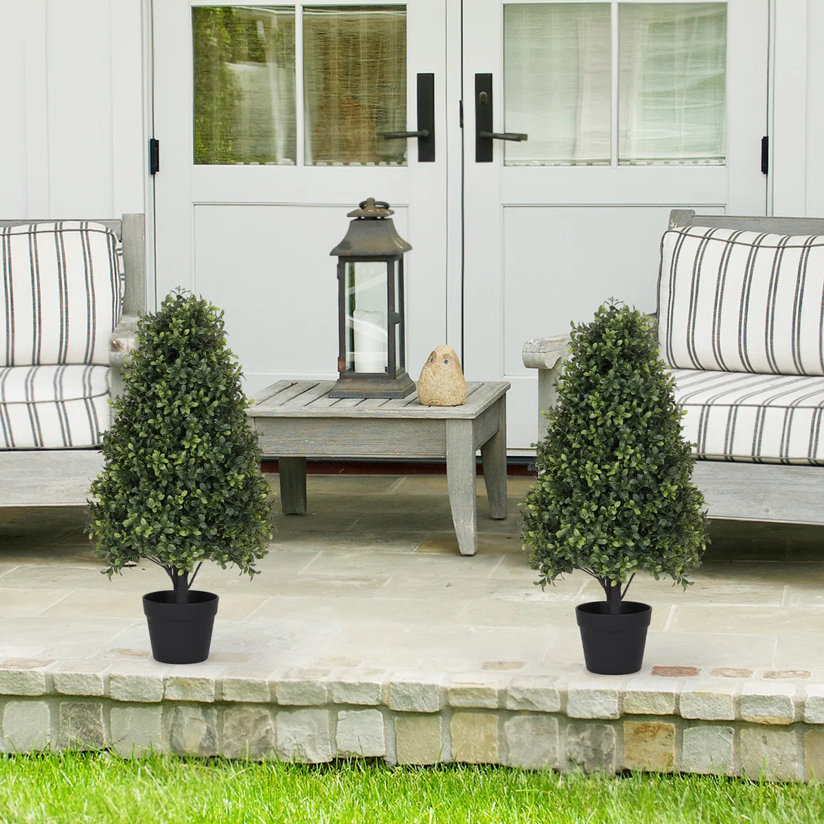 Artificial Topiary Boxwood Tree, Faux Shrub in Black Plastic Pot (Set of 2) | Wayfair North America