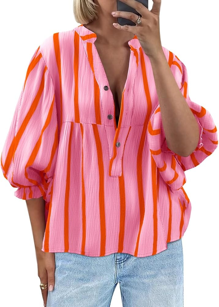 Tankaneo Womens Puff Sleeve Babydoll Tops Summer V Neck Striped Blouse Cute Casual Loose Fit Flow... | Amazon (US)