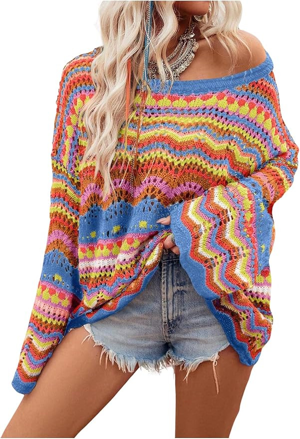 Floerns Women's Colorful Sweater Crochet Open Knit Long Sleeve Drop Shoulder Oversized Sweater | Amazon (US)