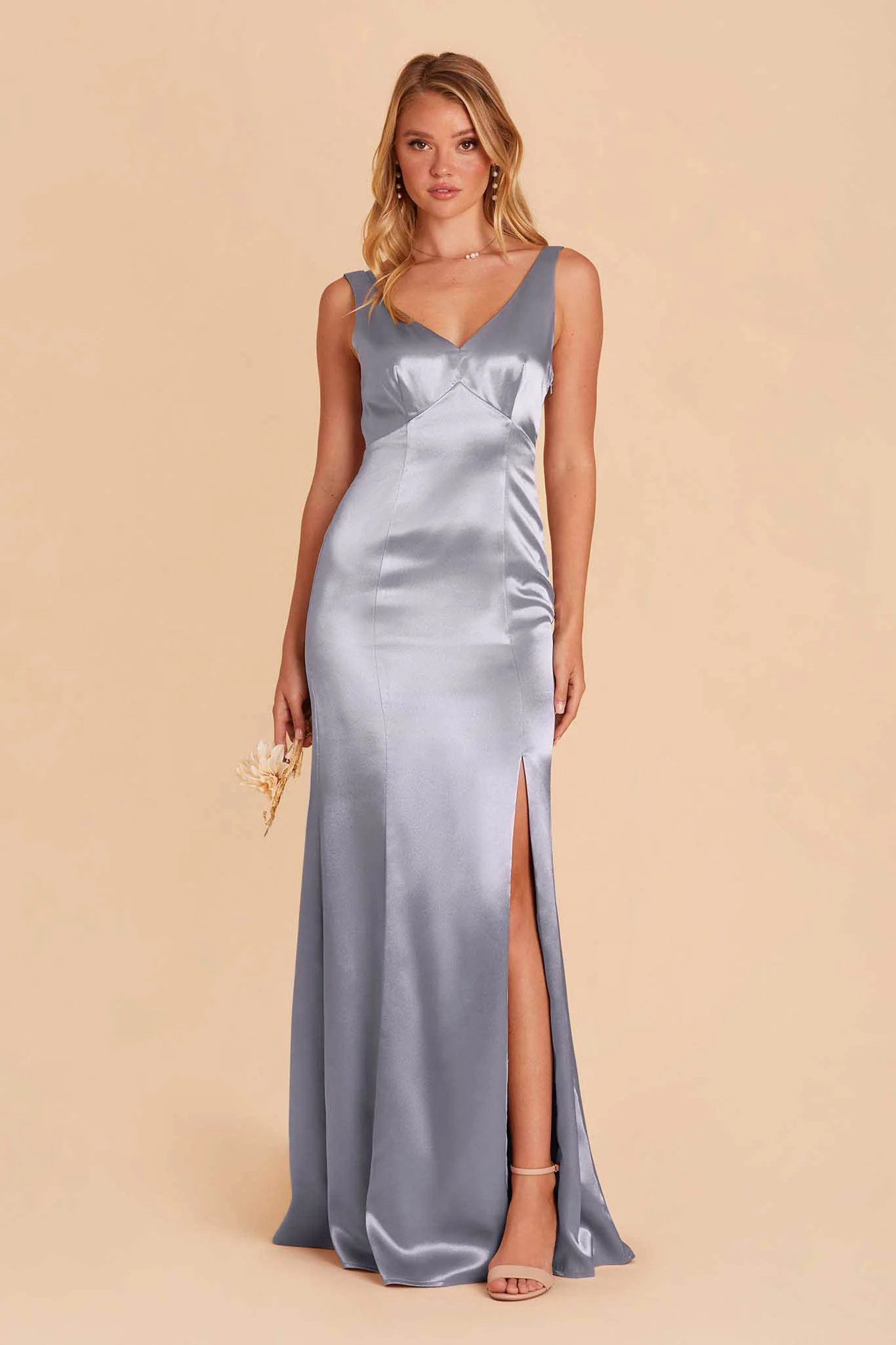 Gloria Shiny Satin Dress - Dusty Blue | Birdy Grey