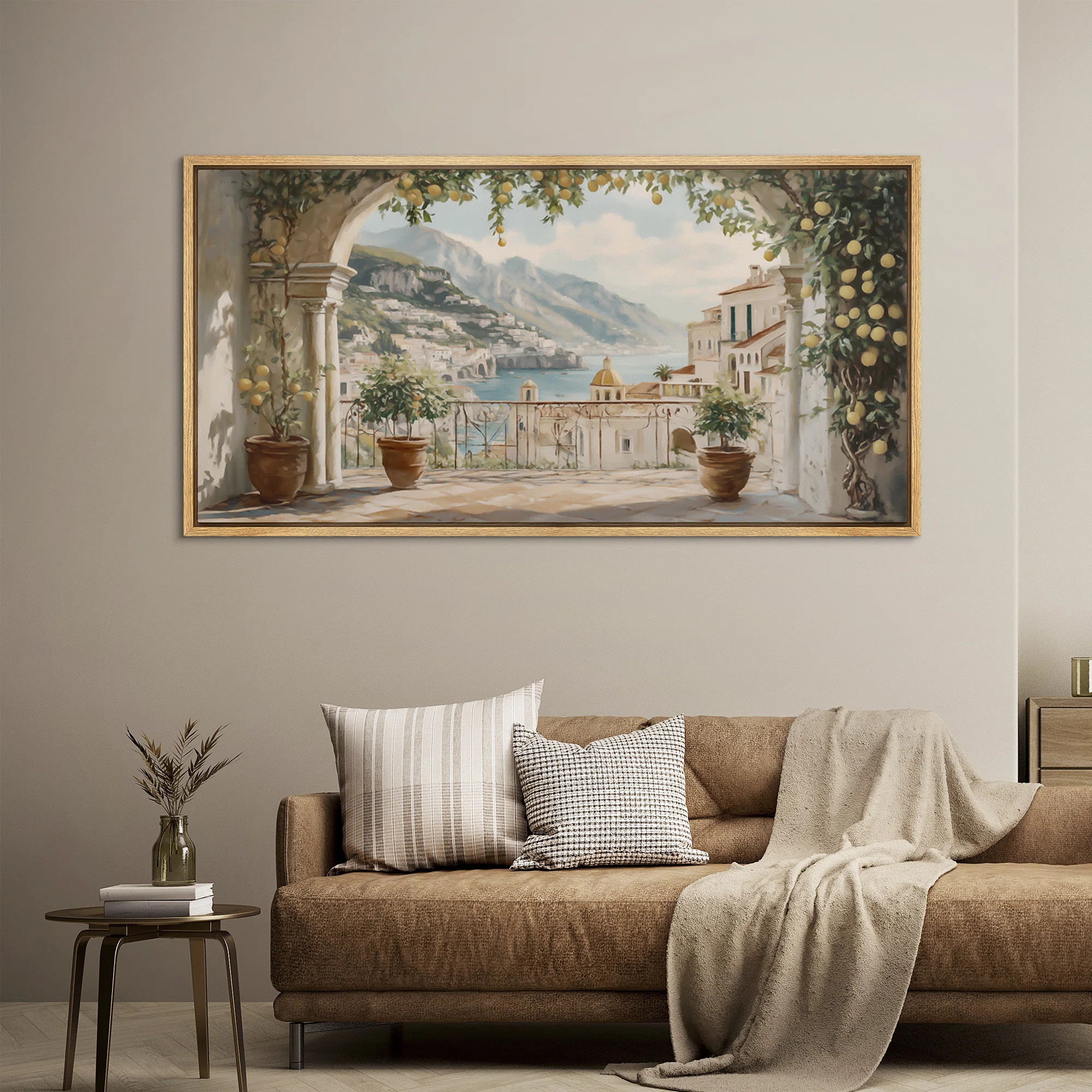 Mediterranean Balcony View Framed Canvas  Scenic Coastal Village Landscape Art | Wayfair North America