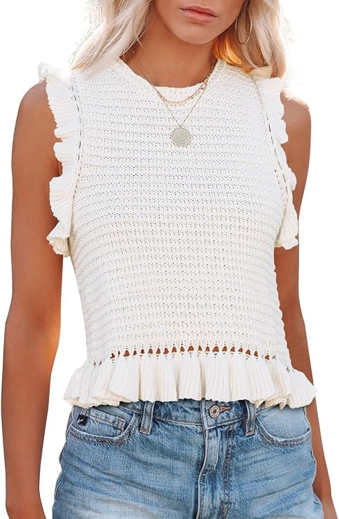 PiePieBuy Women's Summer Knit Tank Tops Crew Neck Sleeveless Cami Shirts Tees Ruffle Sweater Vest | Amazon (US)