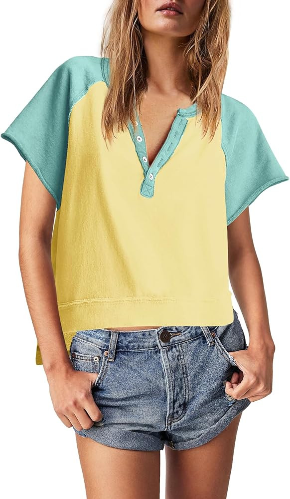 Panadila Womens Color Block Short Sleeve Tops Oversized Tshirts Summer Raglan Shirt Casual Crop C... | Amazon (US)