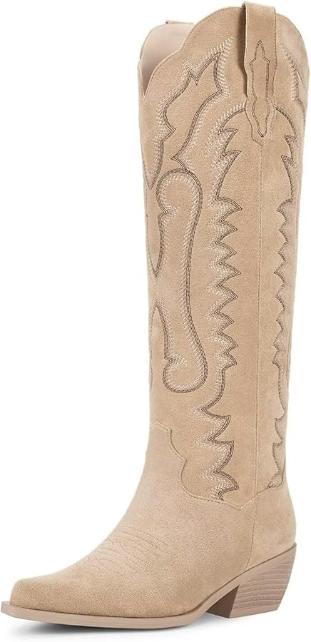 wetkiss Tan Boots for Women Suede Knee High Cowboy Boots Pointed Toe Low Heel Apricot Cowgirl Boo... | Amazon (US)