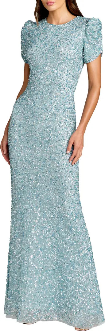 Beaded Mesh High Neck Puff Sleeve Gown | Nordstrom