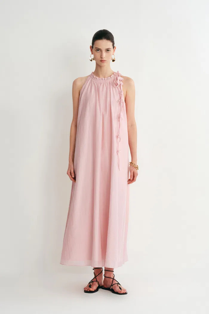 Alice Pink Hand Flora Sleeveless Dress in Acetate-Linen Blend | Fabrique