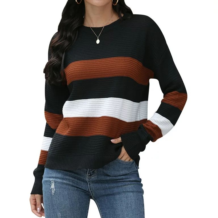 HUBERY Women Colorblock Stripe Crew Neck Long Sleeve Sweater | Walmart (US)