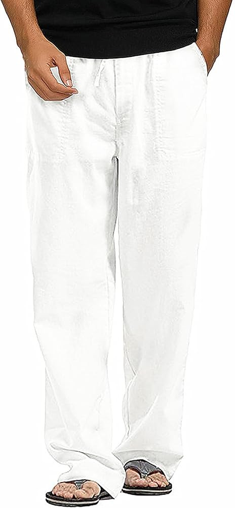 AITFINEISM Men's Casual Cotton Linen Pants Elastic Waist Lightweight Drawstring Summer Pants | Amazon (US)