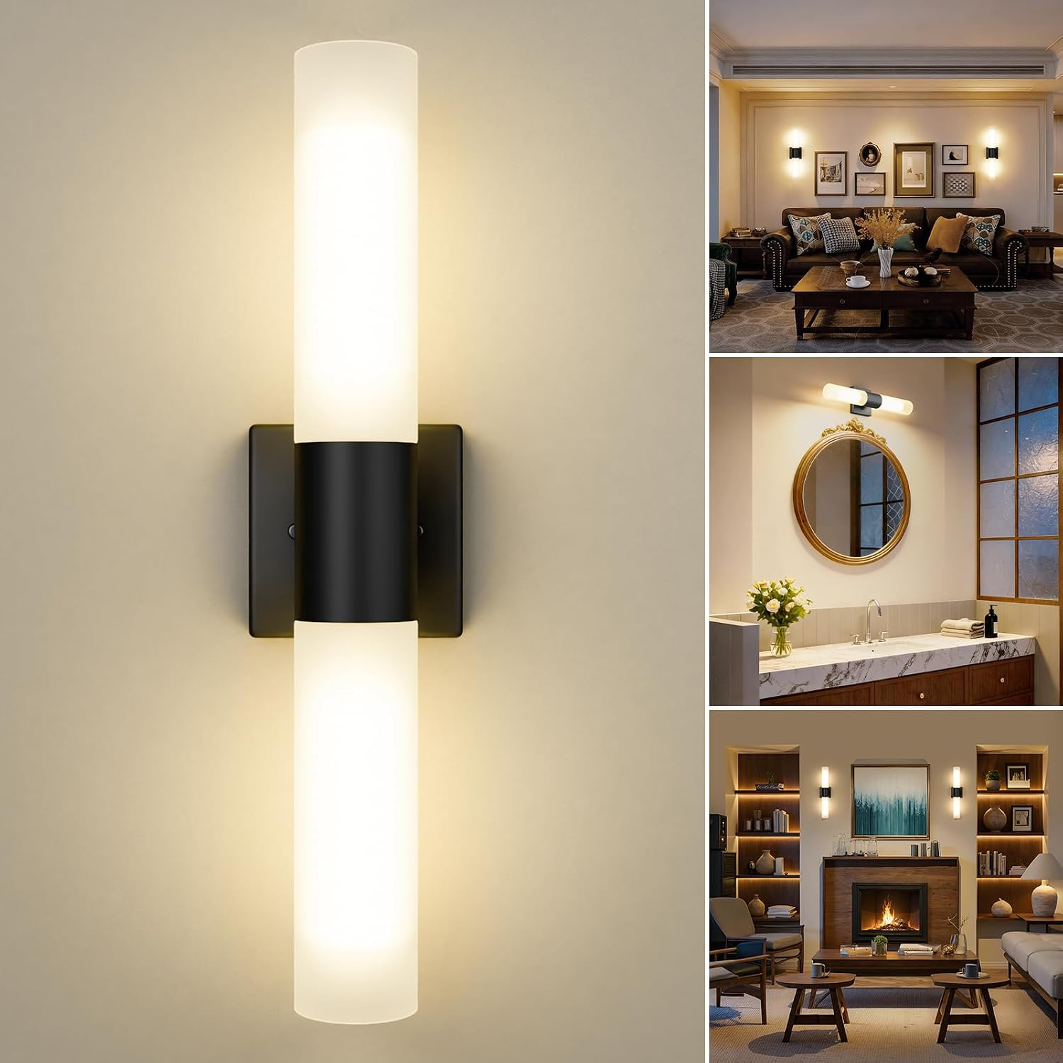 Modern 21" Bathroom Vanity Wall Sconce, Frosted Glass, Black | Amazon (US)