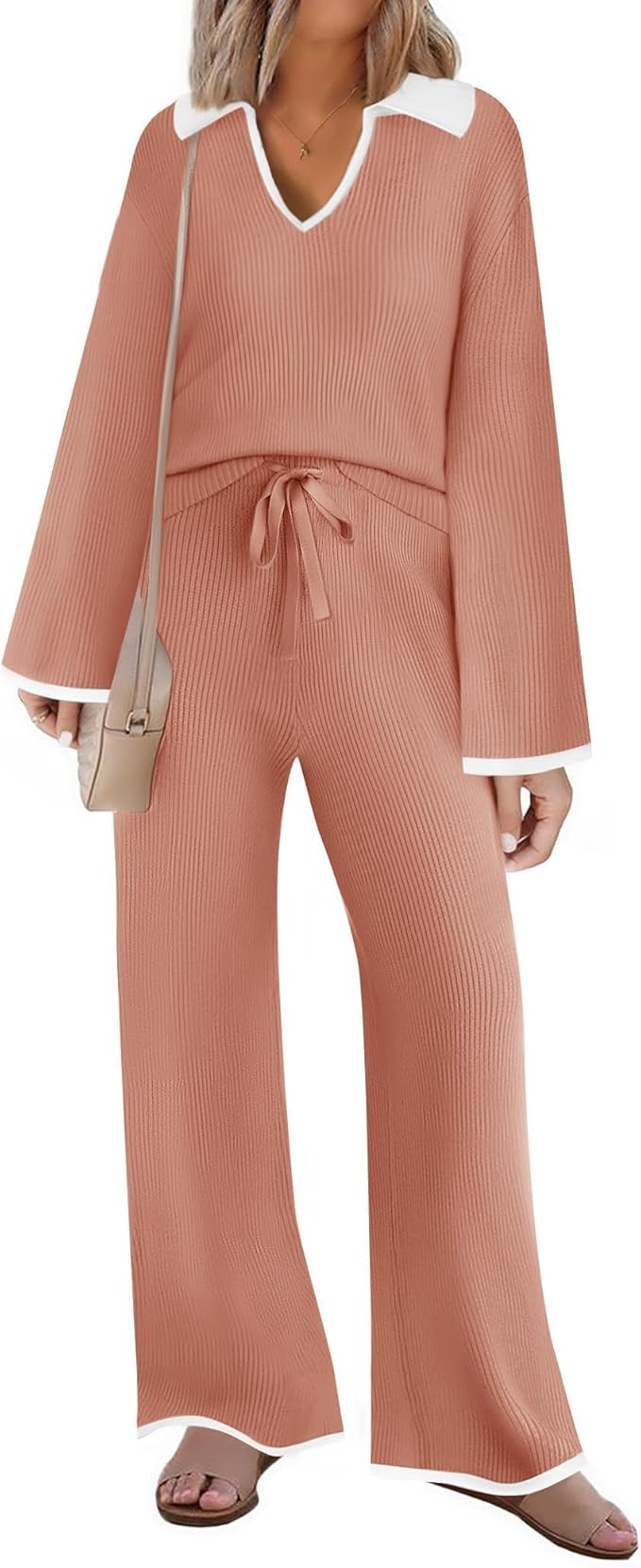 ZESICA Women's Two Piece Thin Sweater Lounge Sets 2024 Fall Winter Oversized Knit Pullover Wide L... | Amazon (US)