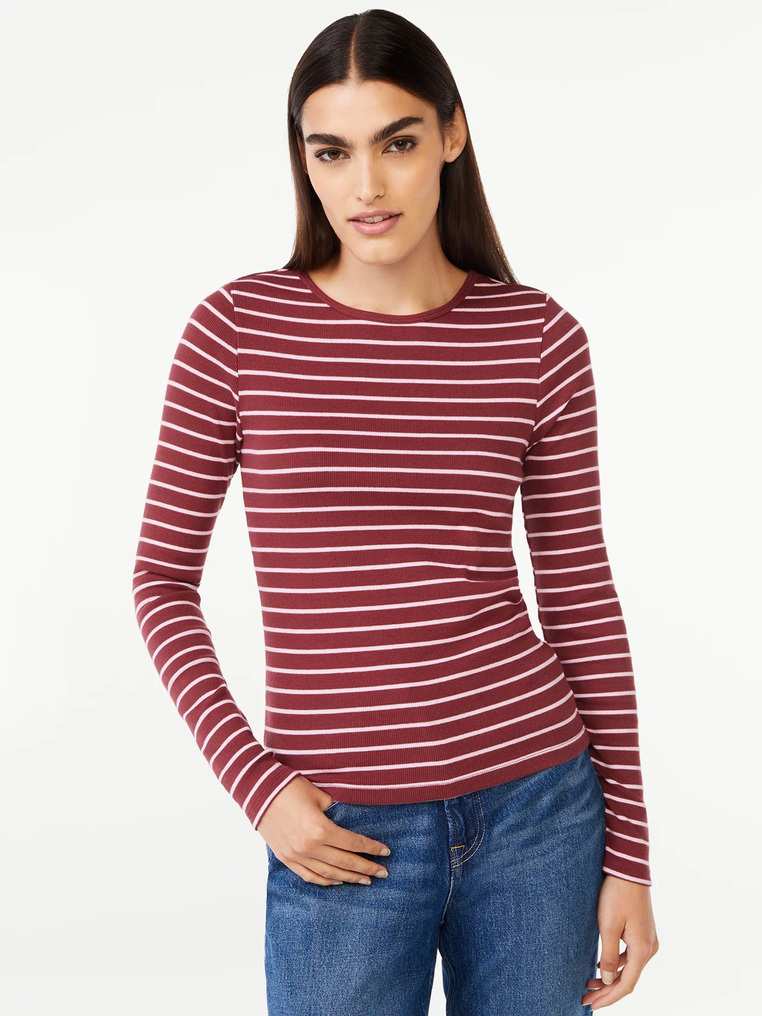 Free Assembly Women's Ribbed Crewneck Top with Long Sleeves - Walmart.com | Walmart (US)