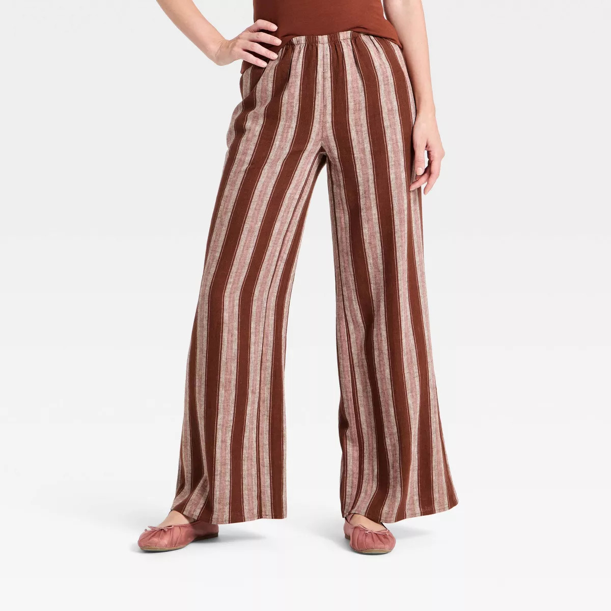 Women's Essential Linen Pull-On Pants - A New Day™ Brown Striped L | Target