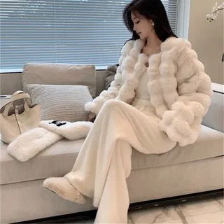 Plain Cropped Knit Camisole Top / Drawstring Wide Leg Knit Pants / Faux Fur Jacket | YesStyle Global