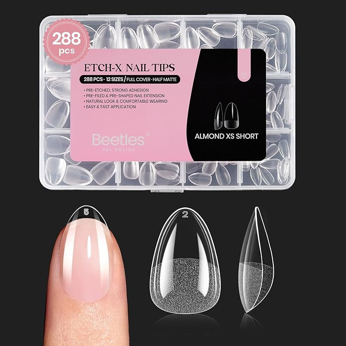 Beetles Extra Short Almond Nail Tips, 12 Sizes 288 PCS Pre-Shaped Clear Full Cover Etch Gel Nail ... | Amazon (US)