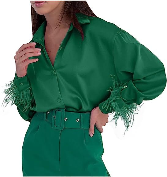 Maqroz Satin Long Sleeve Shirts for Women,Trendy Casual Soild V Neck Drop Shoulder Button Down Fe... | Amazon (CA)