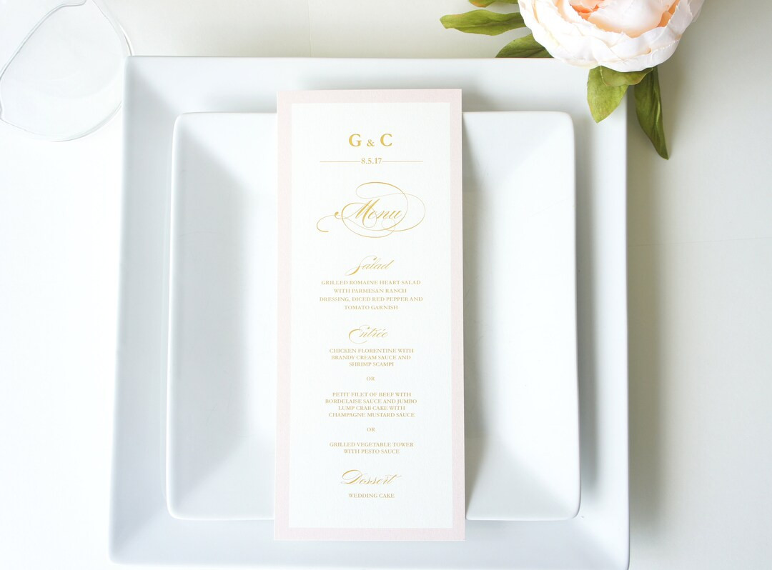 Blush and Gold Wedding Menu Cards, Printed Pink Menus on Ivory Paper DEPOSIT - Etsy | Etsy (US)