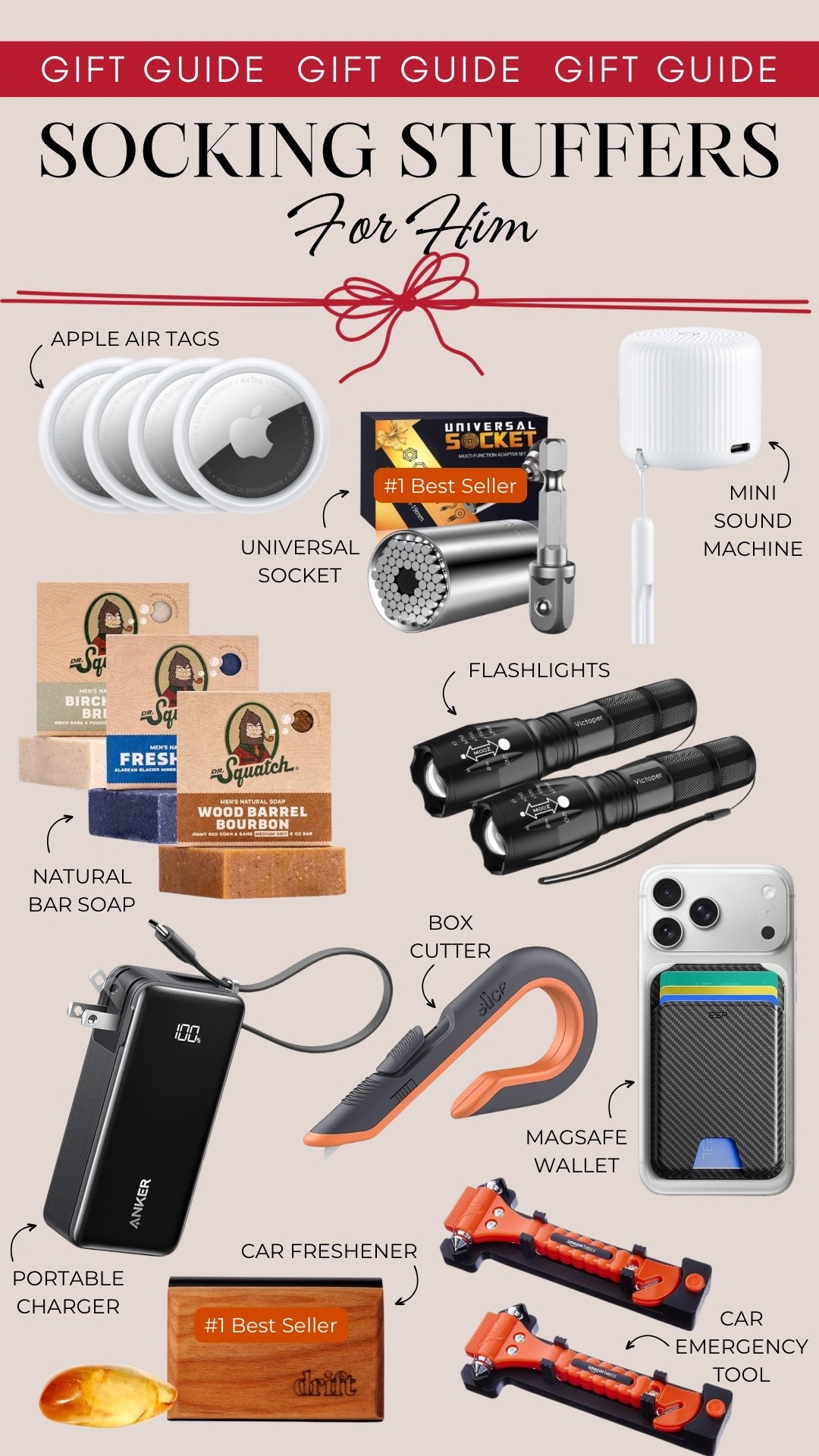 Stocking stuffers for him include Apple AirTags, a universal socket, mini sound machine, natural bar soap, flashlights, a portable charger, box cutter, MagSafe wallet, car freshener, and a car emergency tool.

Gifts for him, gifts under 10, stocking stuffers for dad

#LTKGiftGuide #LTKHoliday #LTKFindsUnder50