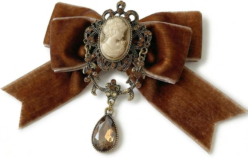 Vintage Teardrop Cameo Bow Brooch, Ribbon Neck Tie with Rhinestone | Vintage teardrop cameo bow b... | Amazon (US)