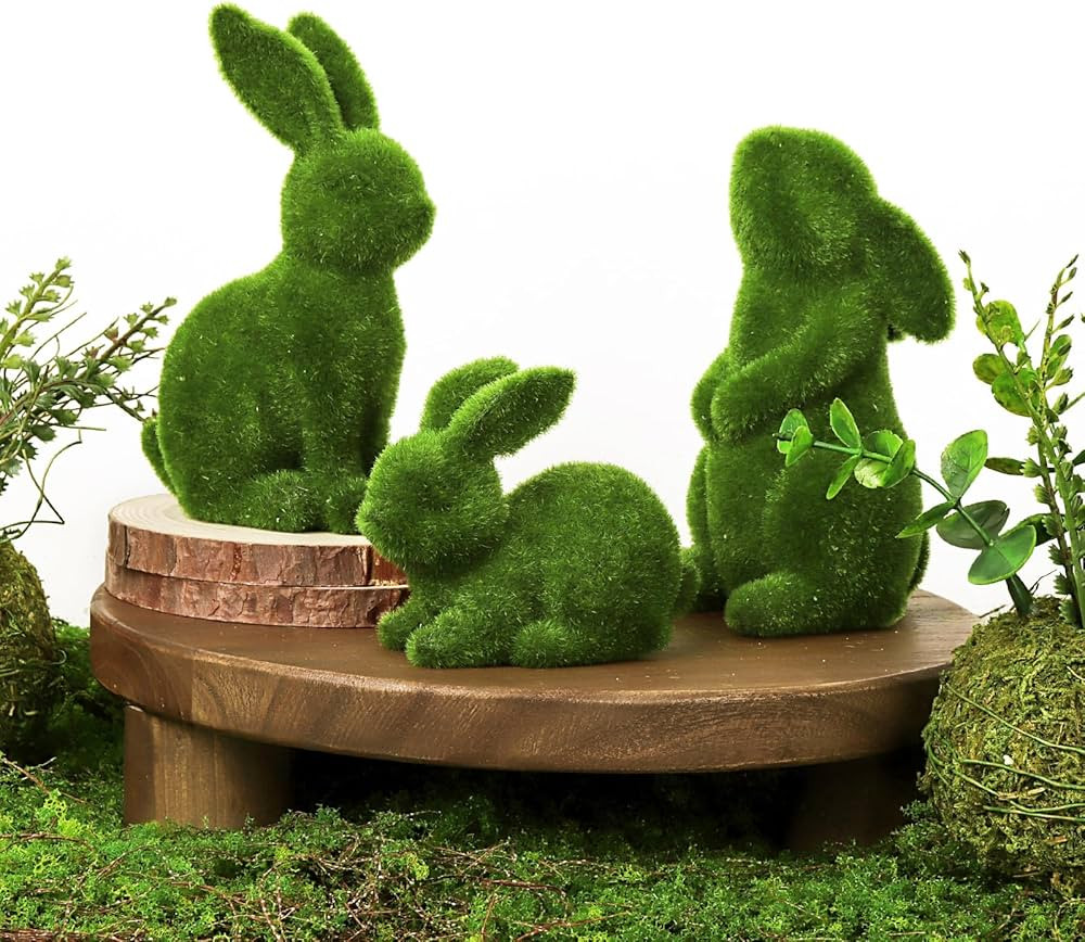 Bunny Decor: Moss Flocked Resin Rabbit Figurines Set of 3, Green Furry Easter Bunny Statue for Sp... | Amazon (US)