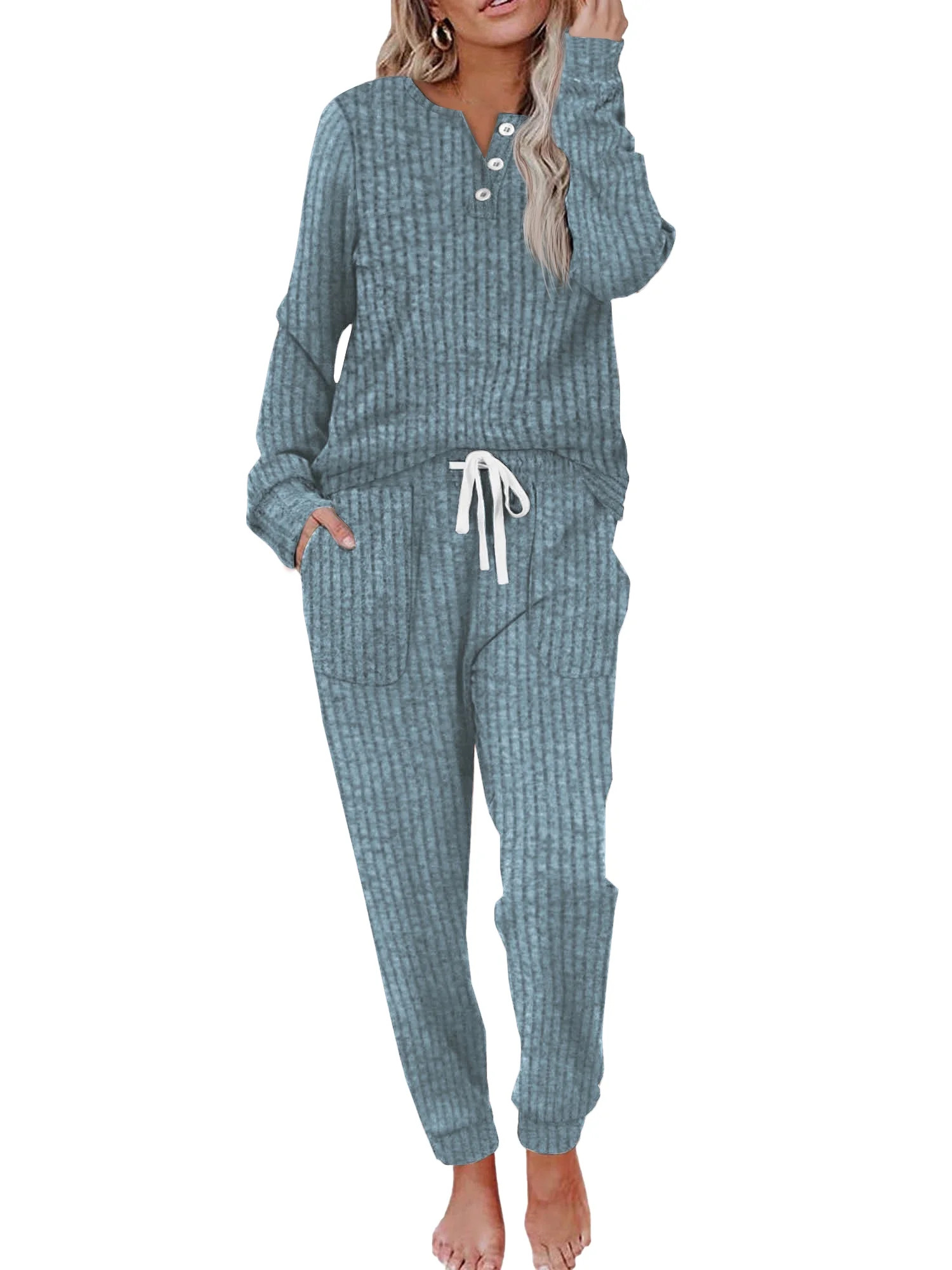 MOSHU Two Piece Womens Pajama Sets Button Down Shirts and Drawstring Pants with Pockets Solid Lou... | Walmart (US)