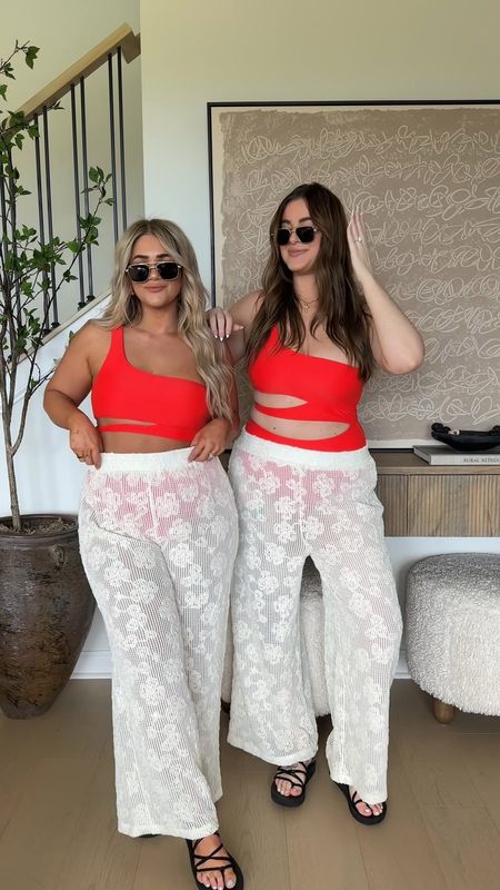 Same size, different heights with my girl!!! 🫶🏼 Sharing all from Lulus! 

We’re in a size large in everything 🤍 Except an XL in the cover up pants :) 