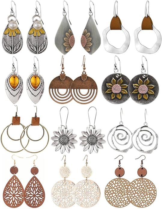 12 Pairs Boho Vintage Geometric Round Earrings Wooden Leather Earrings Ethnic Style Vintage Sunfl... | Amazon (US)