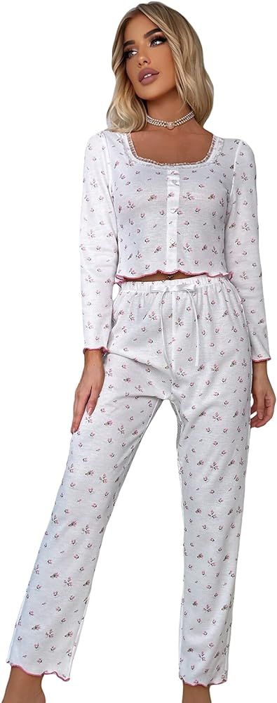 SOLY HUX Women's Floral Print Sleepwear Long Sleeve Lettuce Trim Tops and Pants Lounge Pajama Set | Amazon (US)