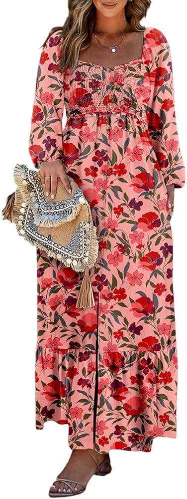 Dokotoo Womens Dresses 2025 Boho Floral Smocked Square Neck Long Sleeve Button Down Beach Long Ma... | Amazon (US)