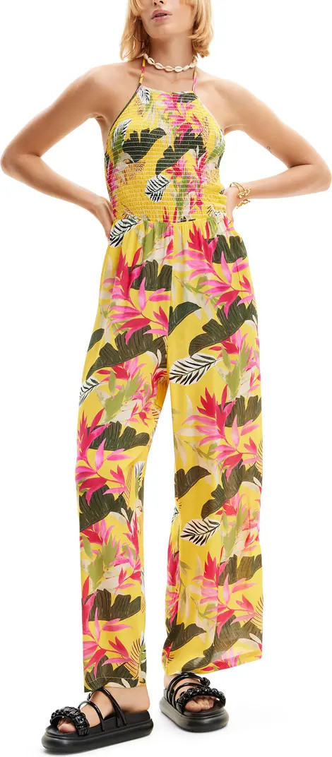 Desigual Tropical Print Smocked Wide Leg Cover-Up Jumpsuit | Nordstrom | Nordstrom