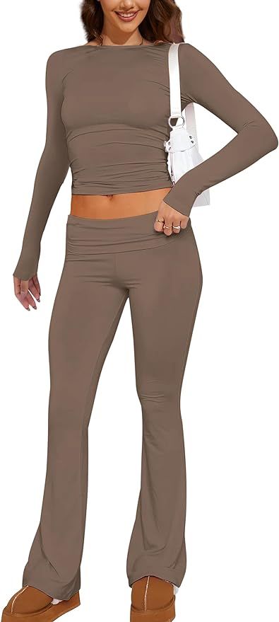 MISSACTIVER Women's Two Piece Outfit Basic Long Sleeve Crop Top and Low Rise Flare Pants Set Loun... | Amazon (US)