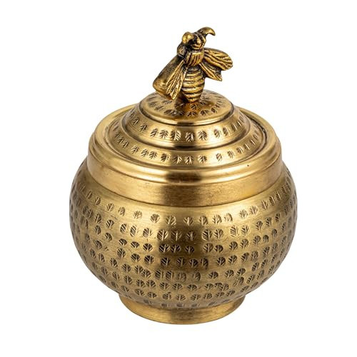 Round Hammered Metal Container with Bee Finial, Brass Finish | Amazon (US)