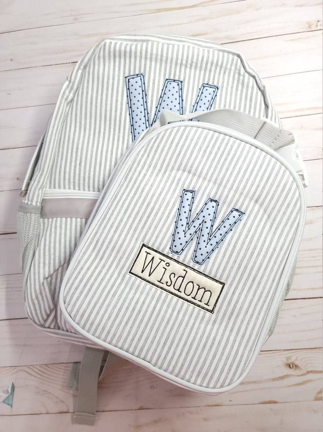 Monogram seersucker backpack, personalized applique seersucker backpack, boy birthday gift, boy d... | Etsy (US)