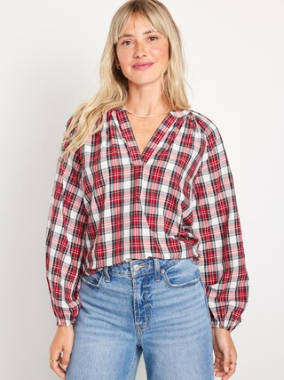 Split-Neck Plaid Seersucker Shirt for Women | Old Navy (US)