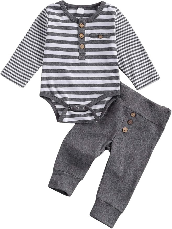 2Pcs/Set Newborn Baby Boys Outfit Long Sleeve Striped Bodysuit Romper Solid Pants Fall Winter Clo... | Amazon (US)