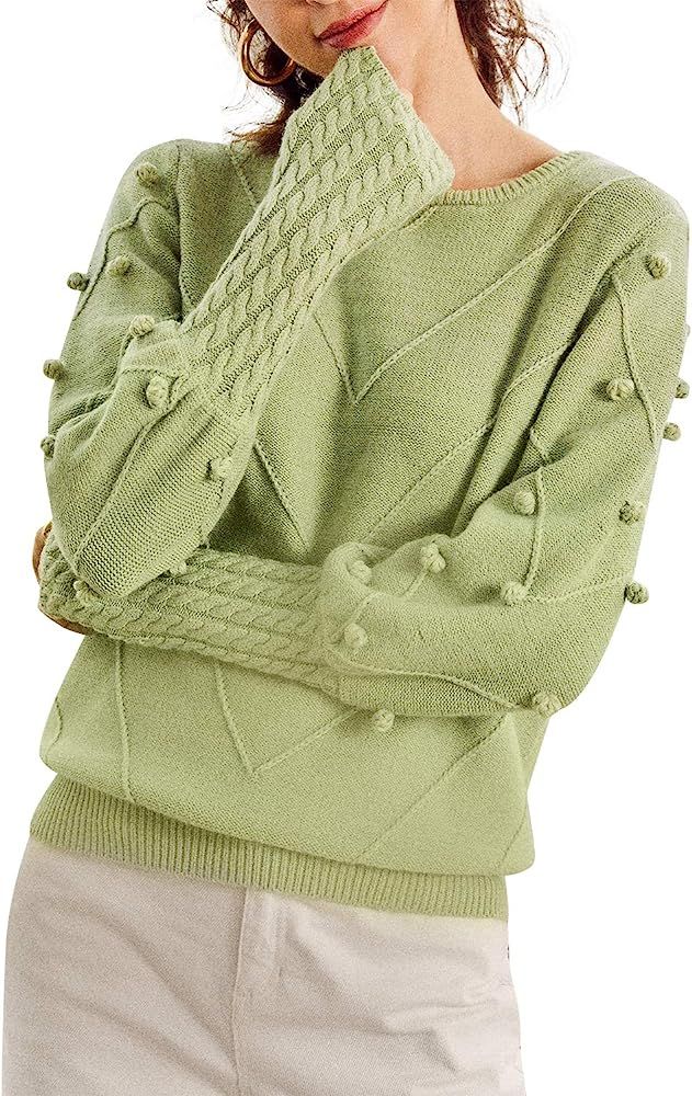 Miessial Women's Crew Neck Lantern Sleeve Sweater Pullover Elegant Knit Jumper Top | Amazon (US)