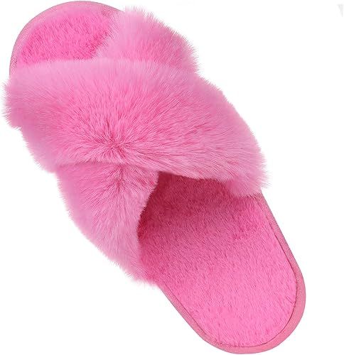 Women's Soft Plush Lightweight House Slippers Fuzzy Cross Band Slip on Open Toe Cozy Indoor Outdo... | Amazon (US)