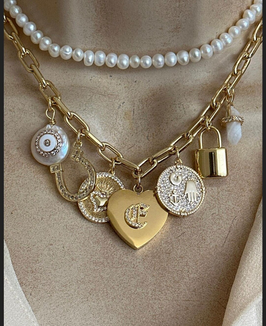 Personalized heart and gemstone multi charms protection necklace | Etsy (US)