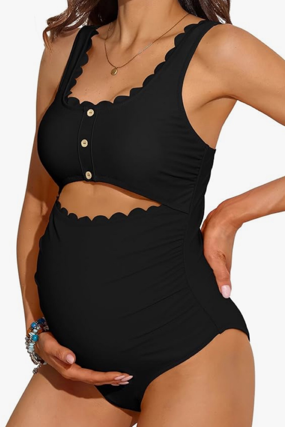 Maternity one piece swimsuit 🩱 under $35 🤑 The adjustable straps are handy us taller people to get the length we need. The scallops are adorable, fabric is thick and suit is roomy for growing baby 🤍

XL, 5’11"

#LTKSwim #LTKBump #LTKFindsUnder50