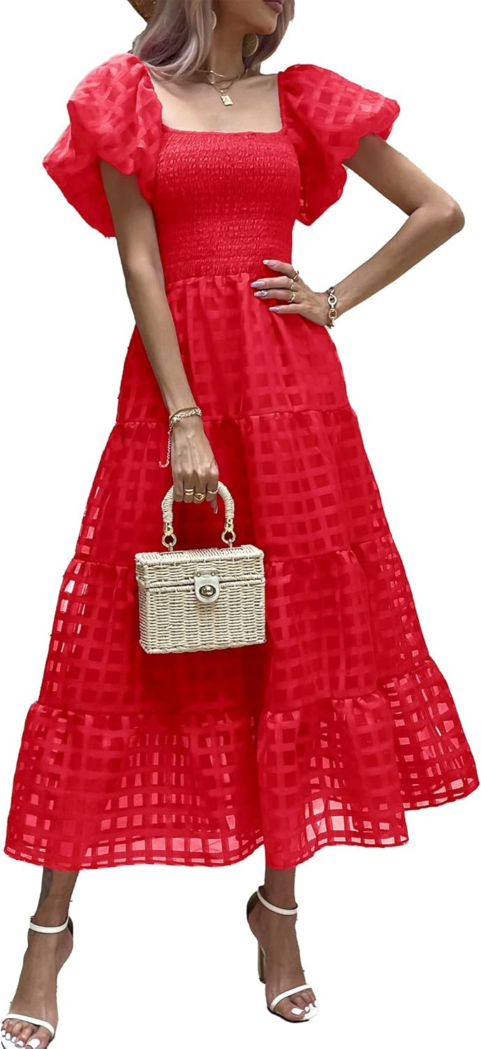 PRETTYGARDEN Women's Casual Summer Midi Dress Puffy Short Sleeve Square Neck Smocked Tiered Ruffl... | Amazon (US)